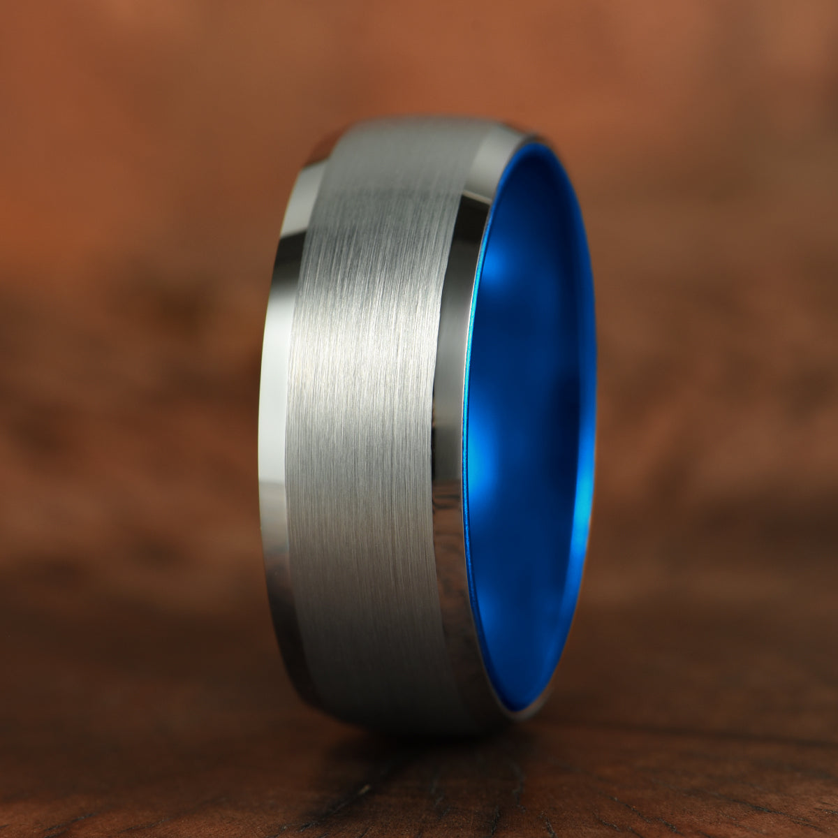 Pristine Passion Blue Interior Silver Tungsten Wedding Band 8MM