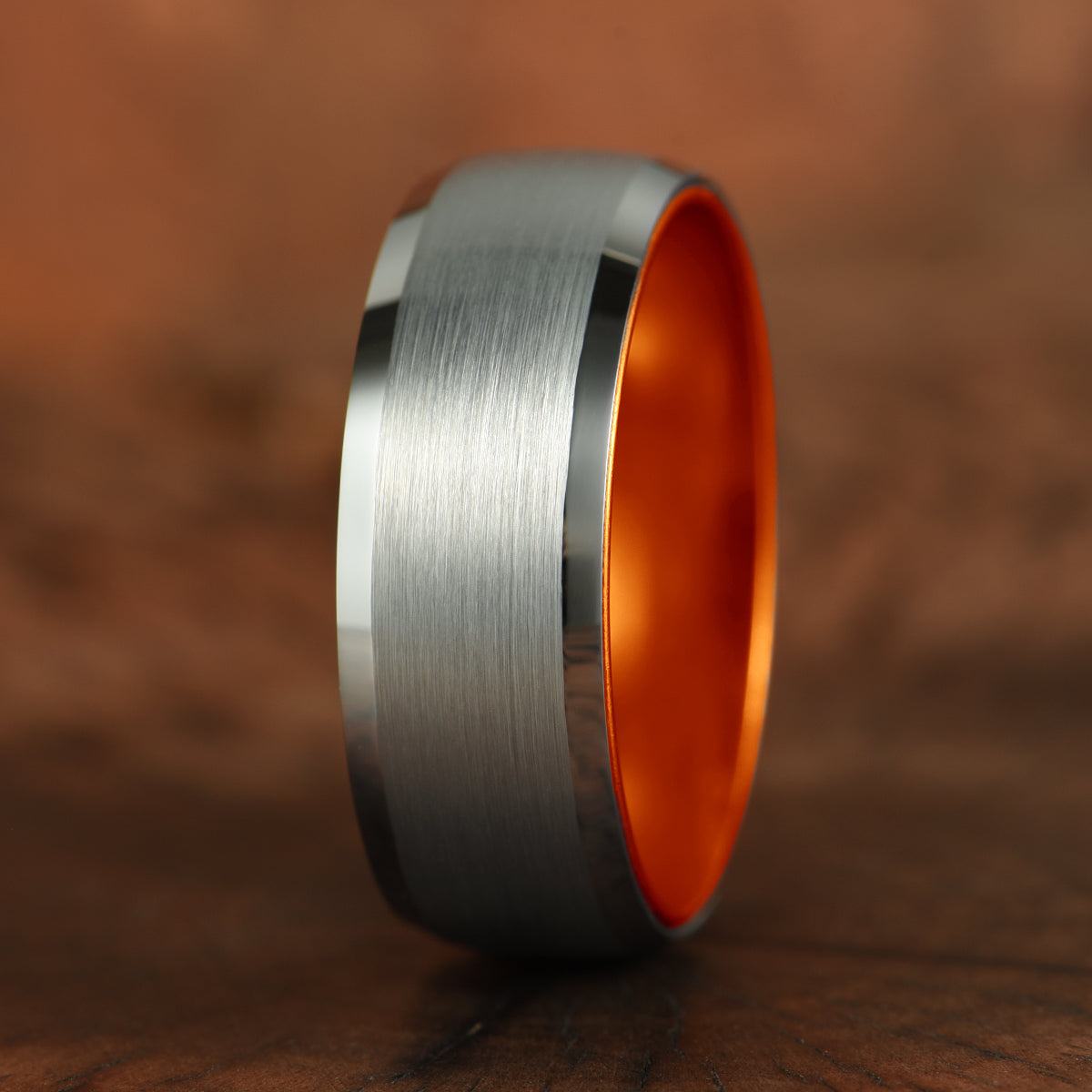 Pristine Passion Orange Interior Silver Tungsten Wedding Band 8MM