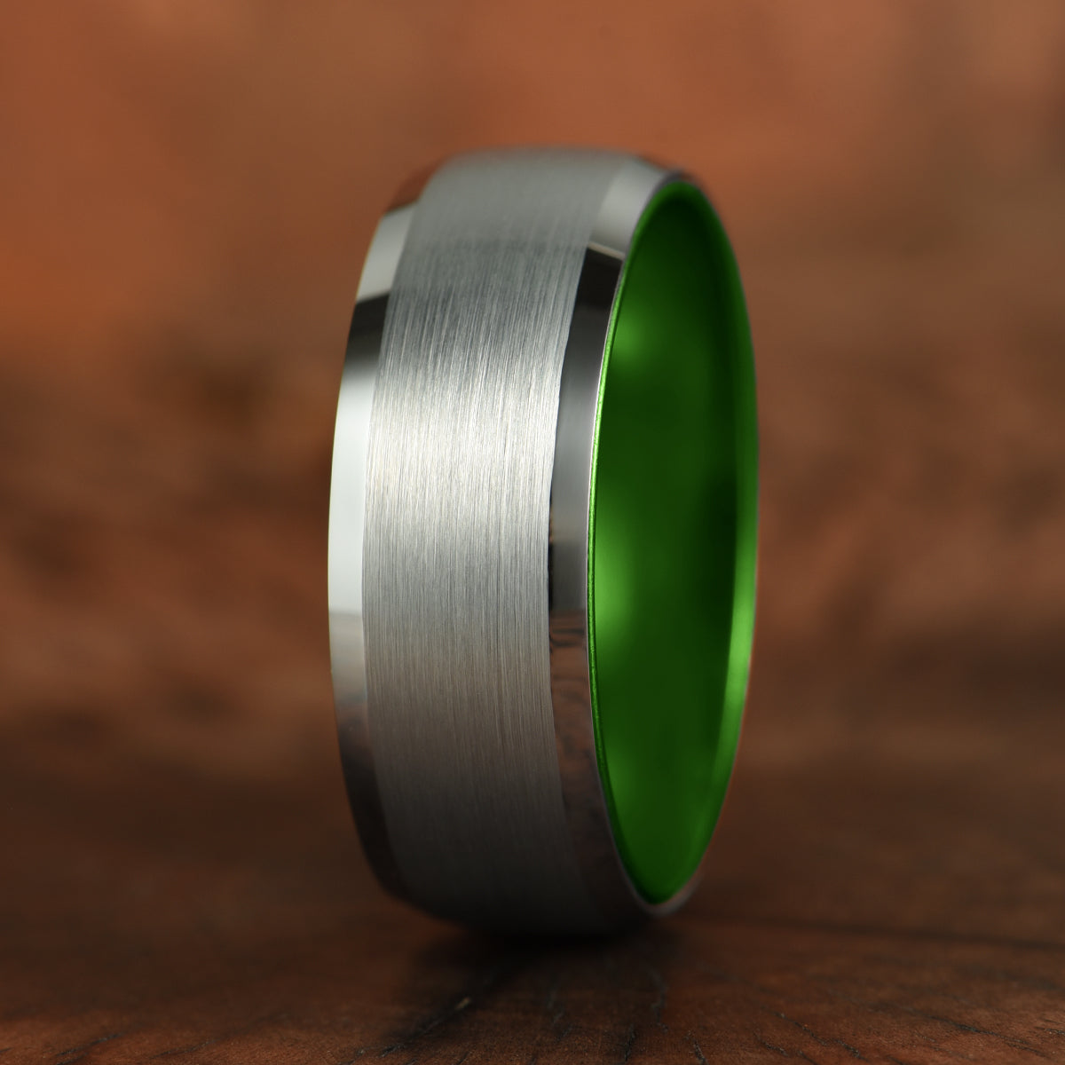 Pristine Passion Green Interior Silver Tungsten Wedding Band 8MM