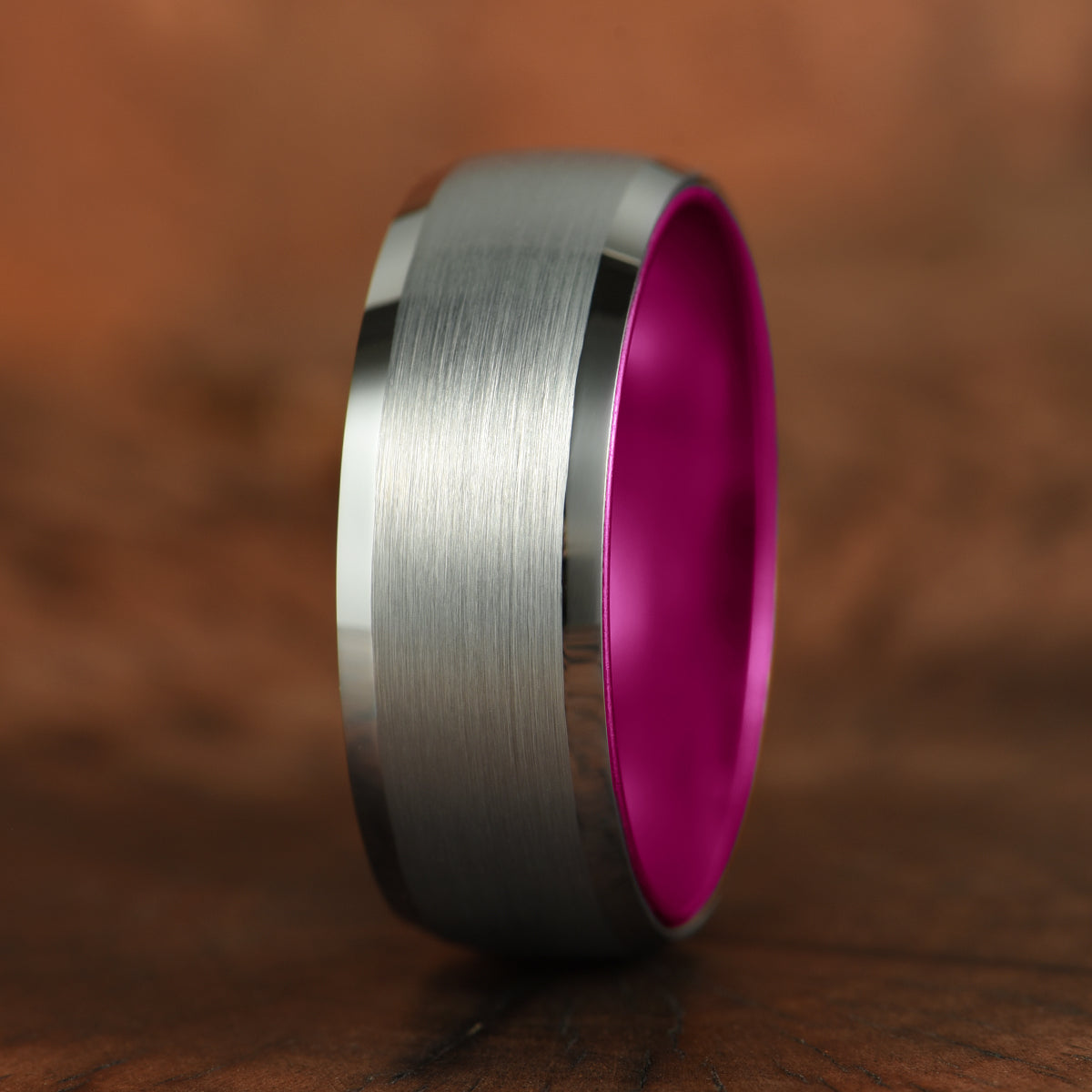 Pristine Passion Fuchsia Interior Silver Tungsten Wedding Band 8MM