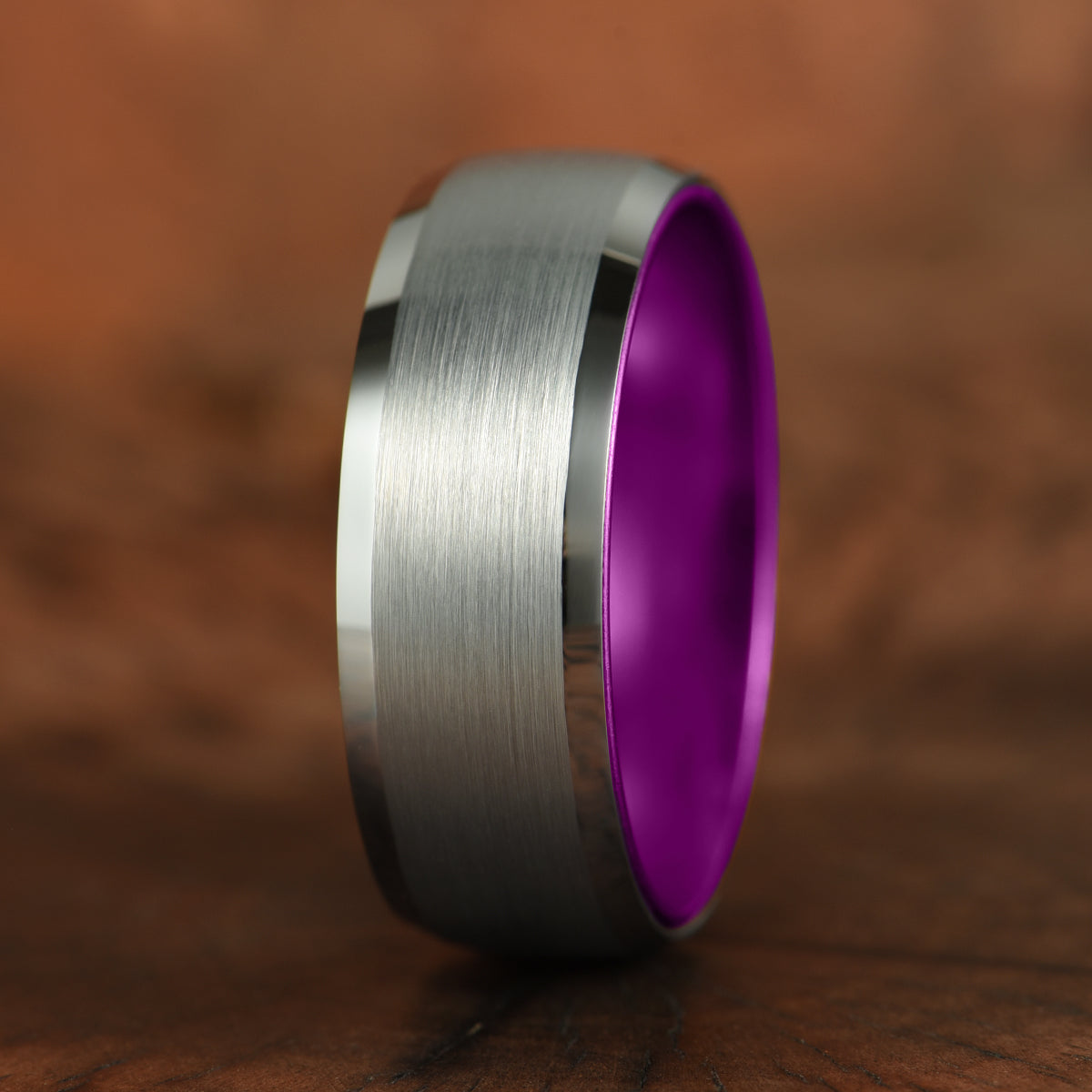 Pristine Passion Purple  Interior Silver Tungsten Wedding Band 8MM