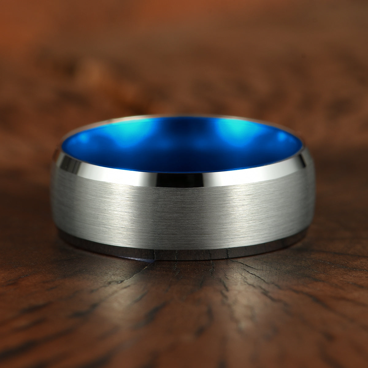 Pristine Passion Blue Interior Silver Tungsten Wedding Band 8MM