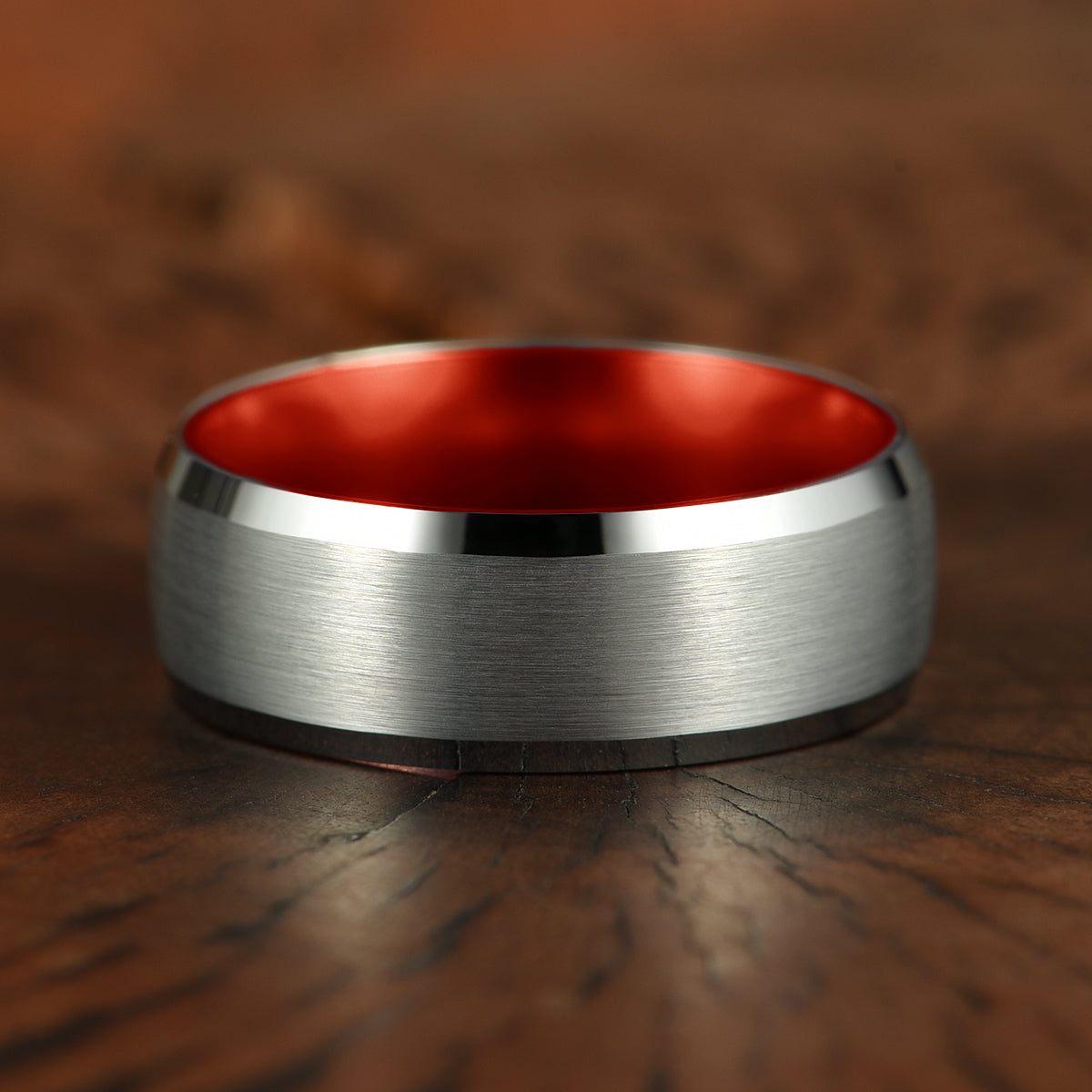 Pristine Passion Red Interior Silver Tungsten Wedding Band 8MM