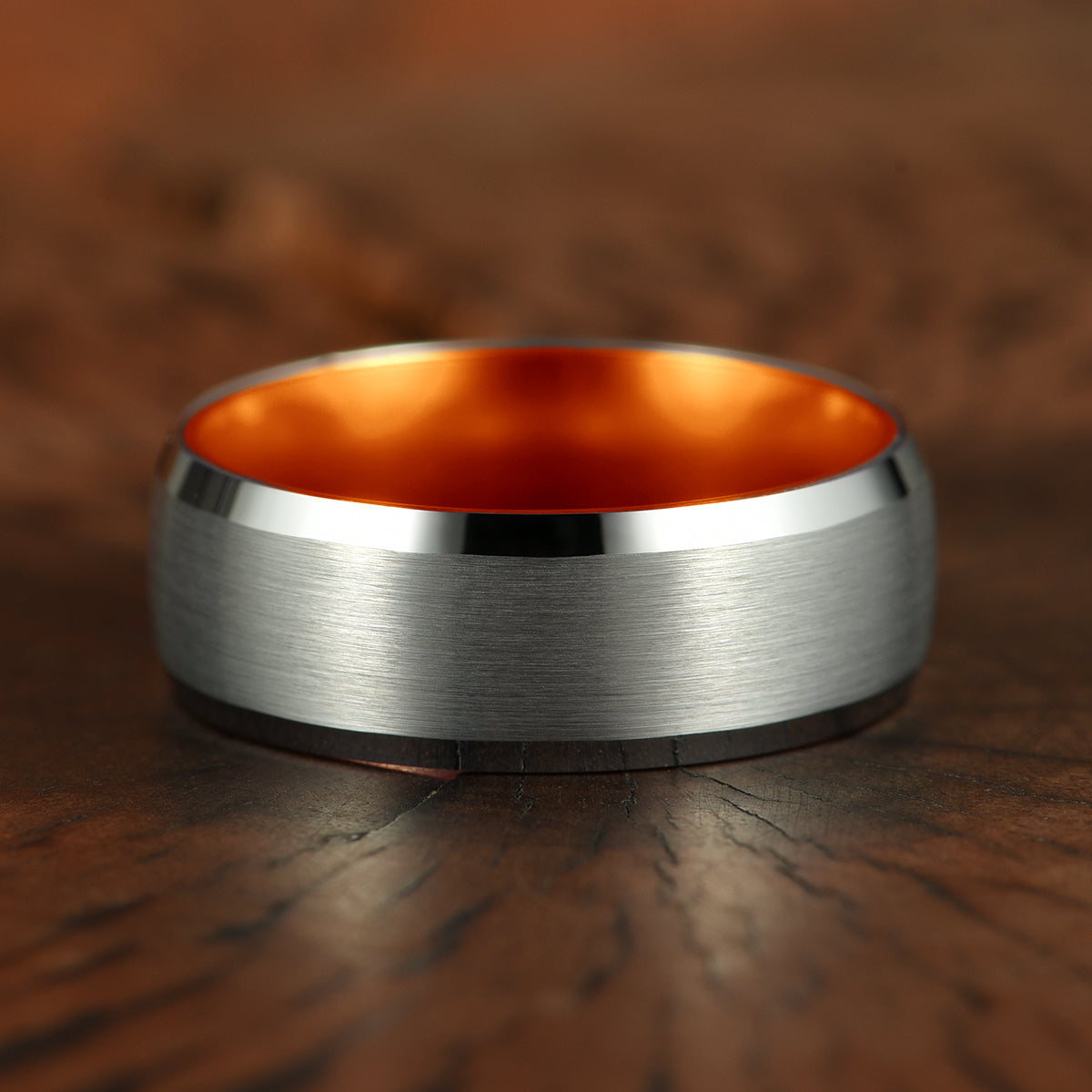 Pristine Passion Orange Interior Silver Tungsten Wedding Band 8MM