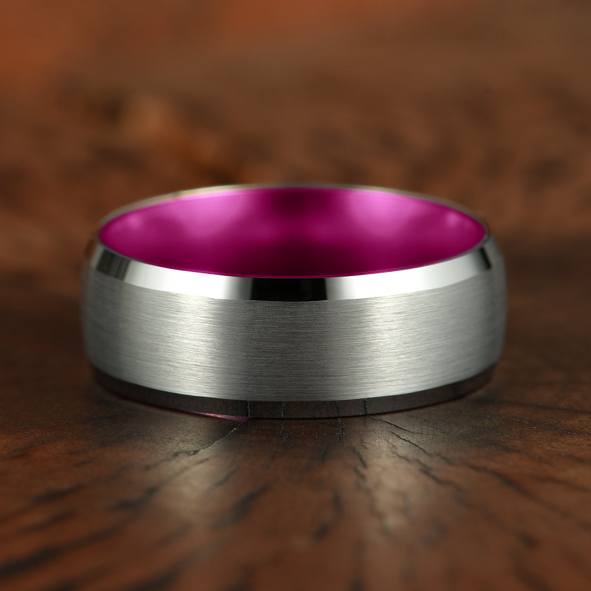 Pristine Passion Fuchsia Interior Silver Tungsten Wedding Band 8MM