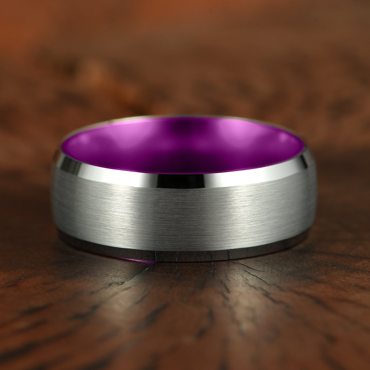 Pristine Passion Purple  Interior Silver Tungsten Wedding Band 8MM