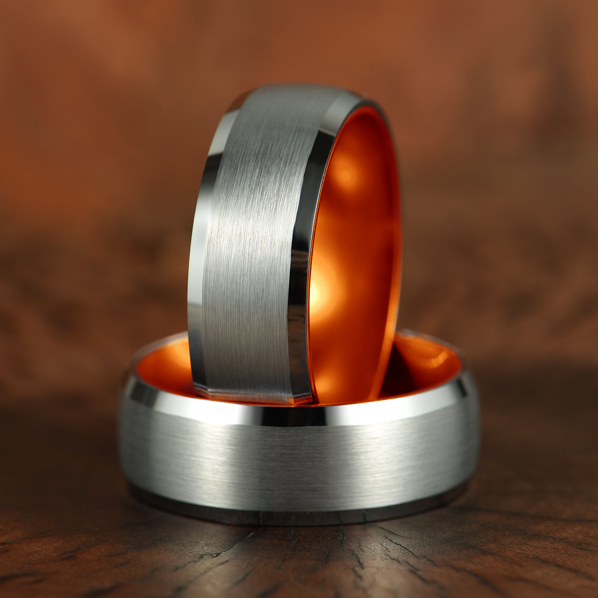 Pristine Passion Orange Interior Silver Tungsten Wedding Band 8MM