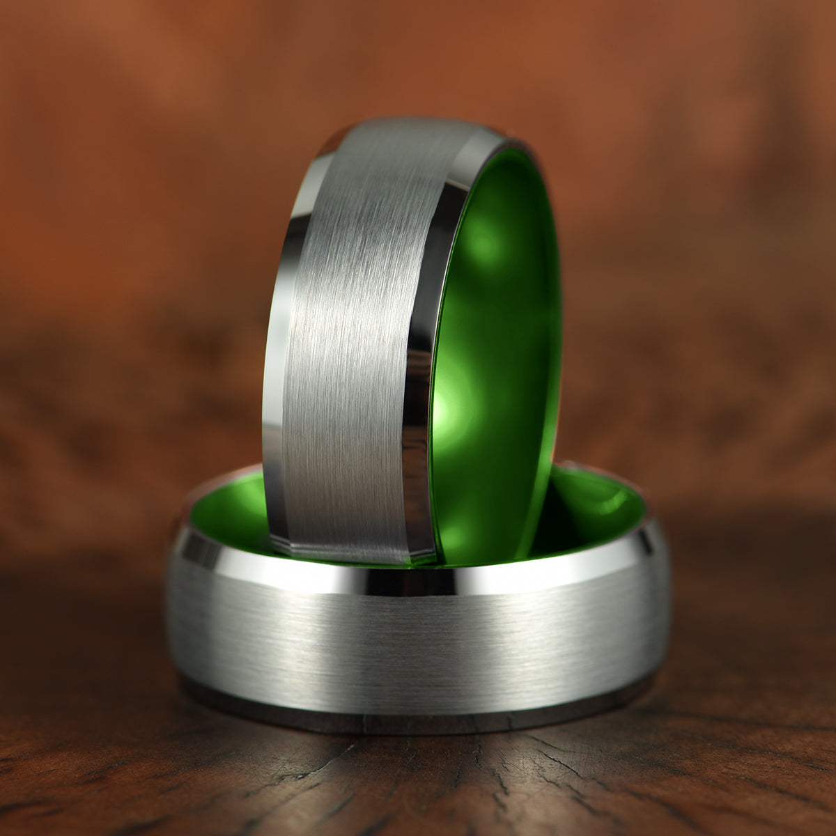 Pristine Passion Green Interior Silver Tungsten Wedding Band 8MM