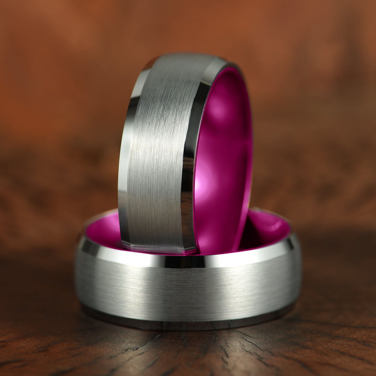 Pristine Passion Fuchsia Interior Silver Tungsten Wedding Band 8MM