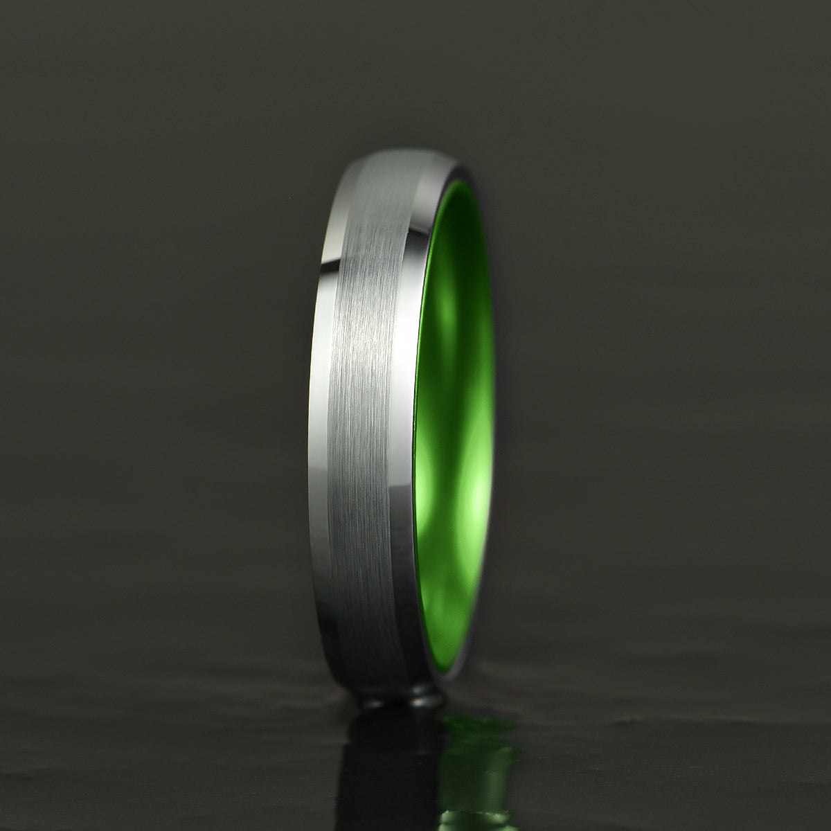 Pristine Passion Green Interior Silver Tungsten Wedding Band 4MM