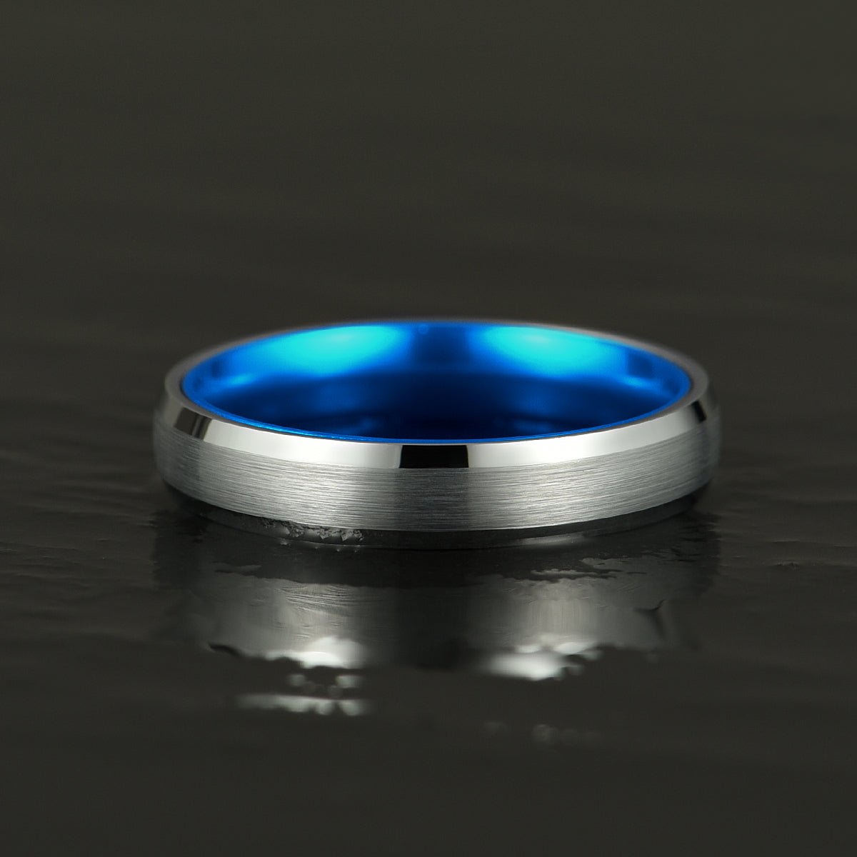 Pristine Passion Blue Interior Silver Tungsten Wedding Band 4MM