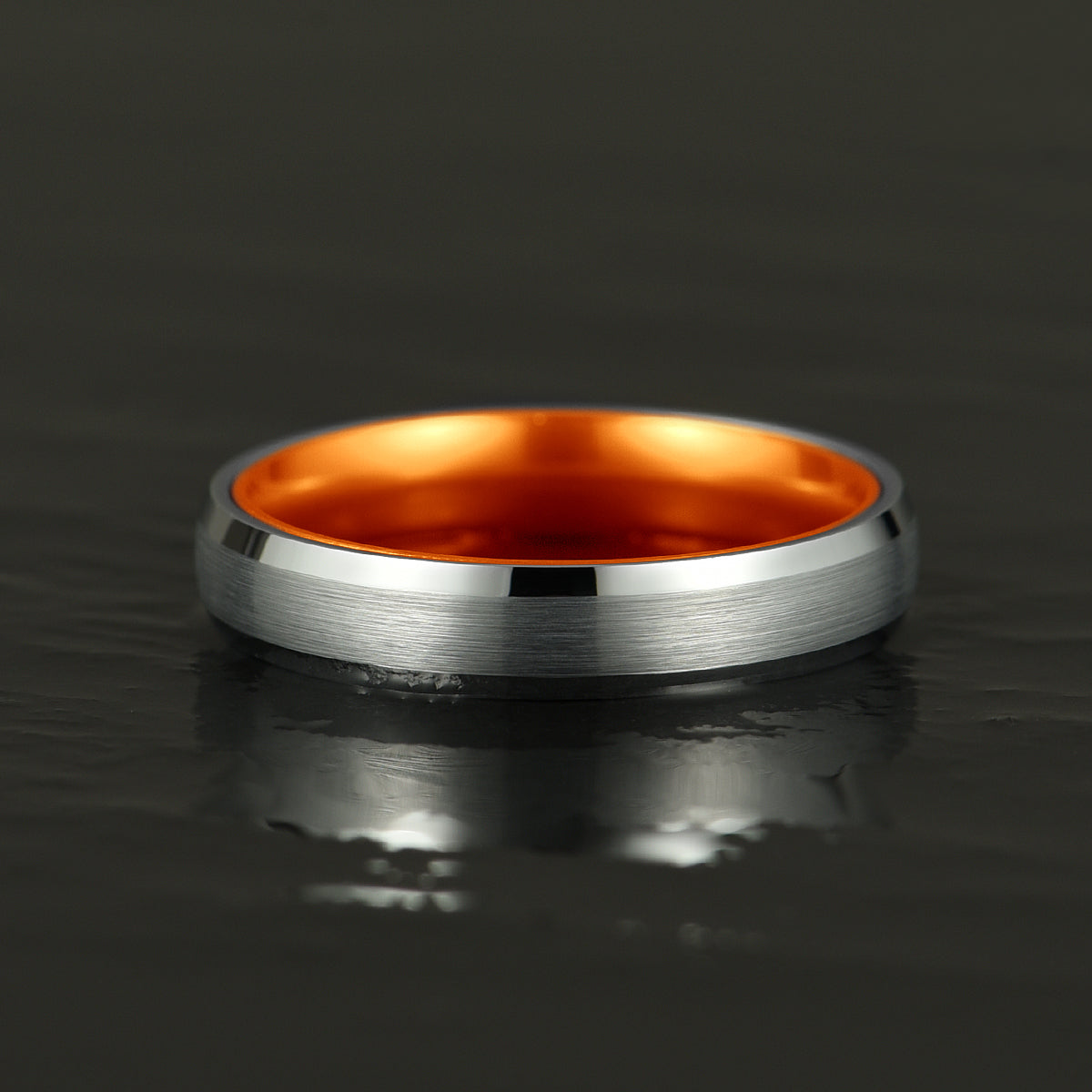 Pristine Passion Orange Interior Silver Tungsten Wedding Band 4MM