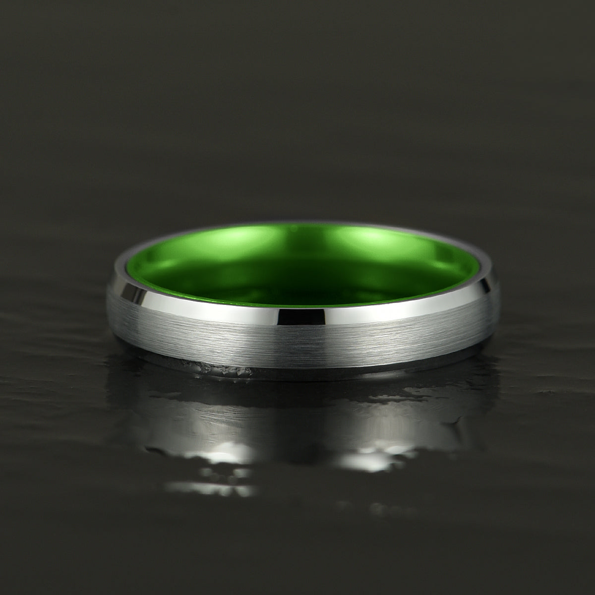 Pristine Passion Green Interior Silver Tungsten Wedding Band 4MM