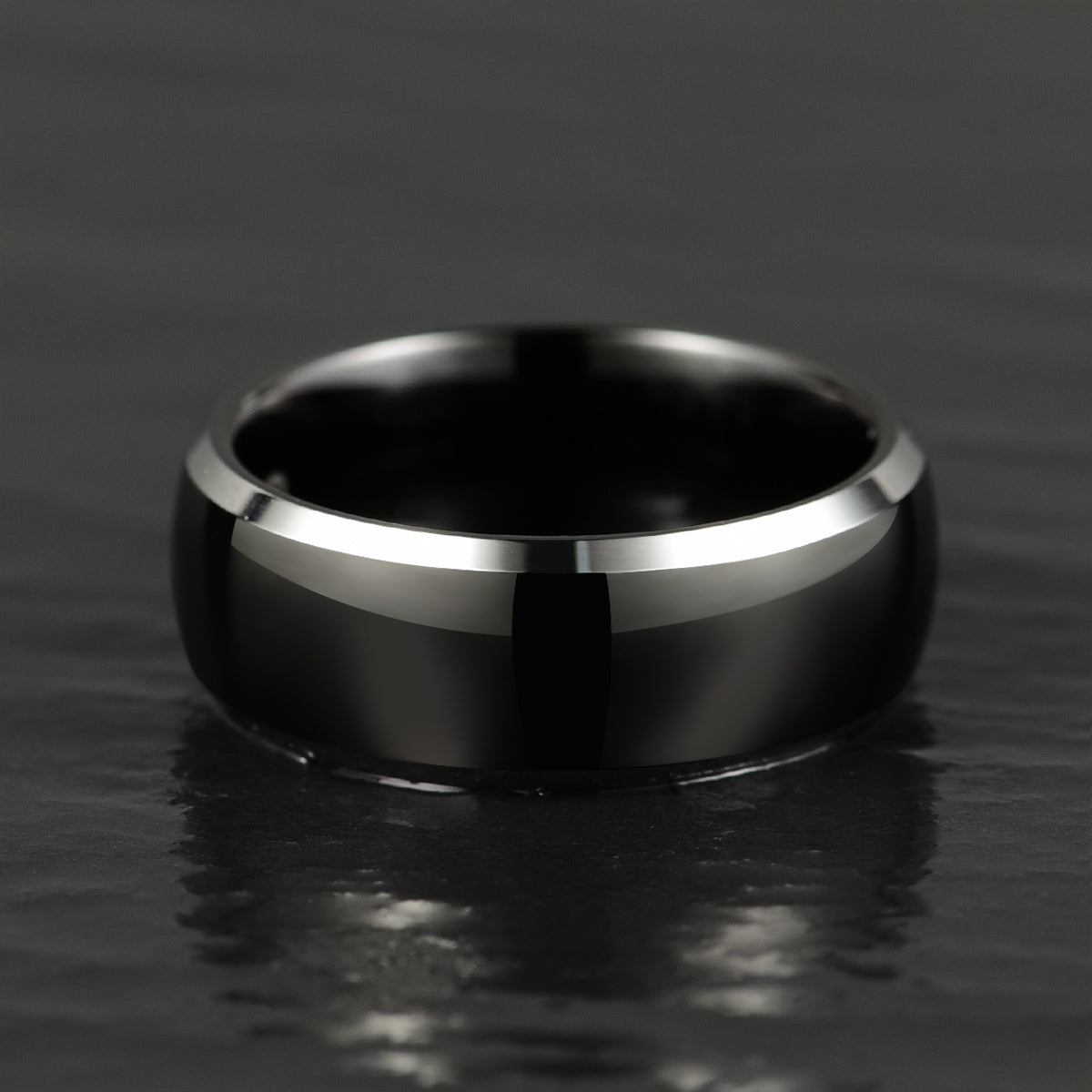 Silver Black Glossy Tungsten Men's Wedding Band 8MM - PRISTINE RINGS