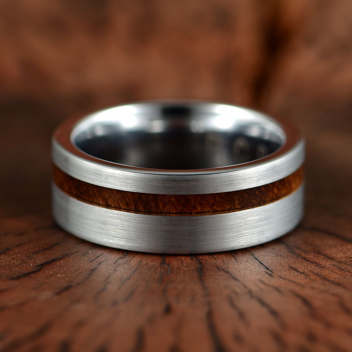 Silver Tungsten Koa Wood Inlay Men's Wedding Band - PRISTINE RINGS