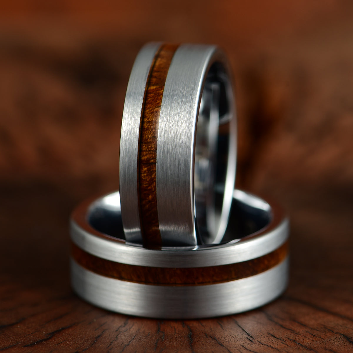 Silver Tungsten Koa Wood Inlay Men's Wedding Band - PRISTINE RINGS