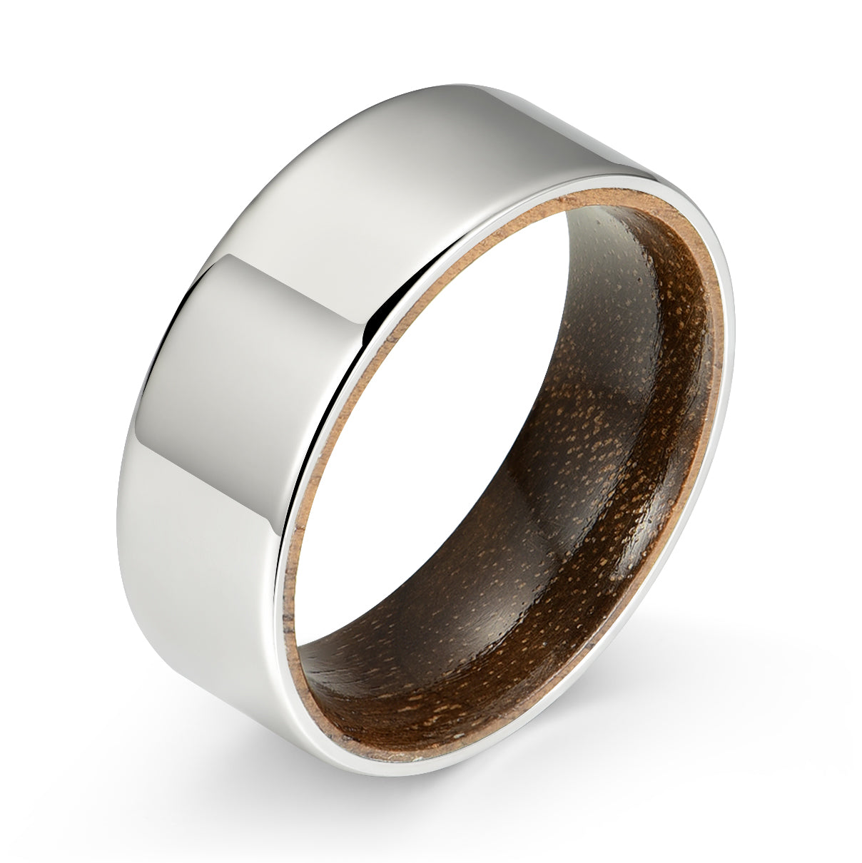 Flat Glossy Silver Tungsten Walnut Wood Men's Wedding Band 8MM - PRISTINE RINGS