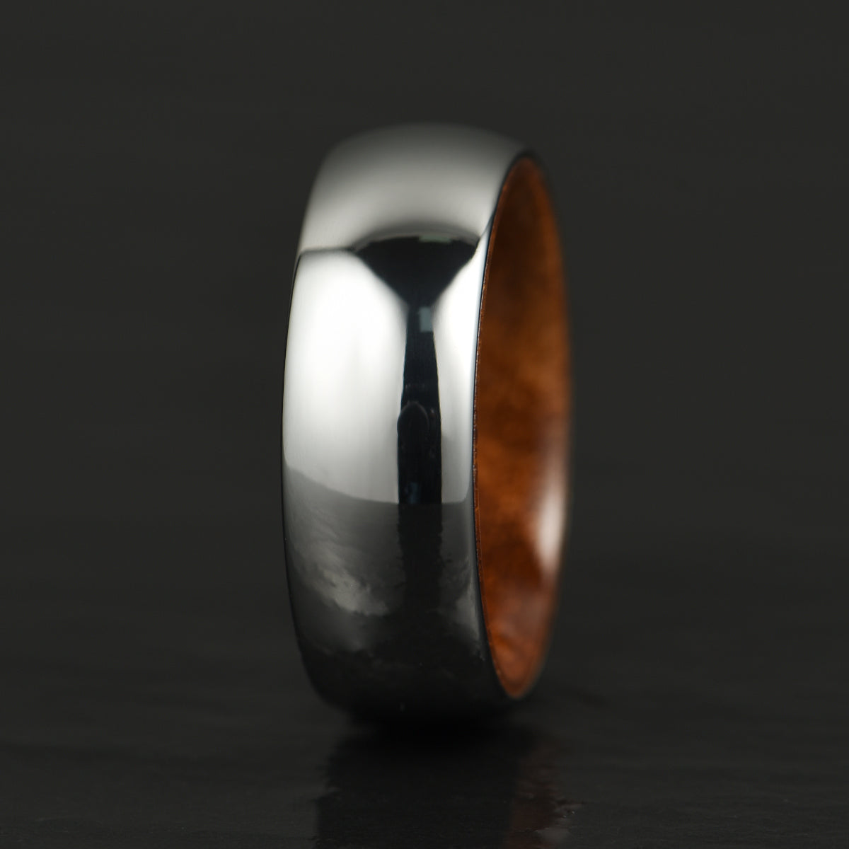 Rounded Comfort Fit Polished Silver Titanium Koa Wood Men's Wedding Band 8MM - PRISTINE RINGS