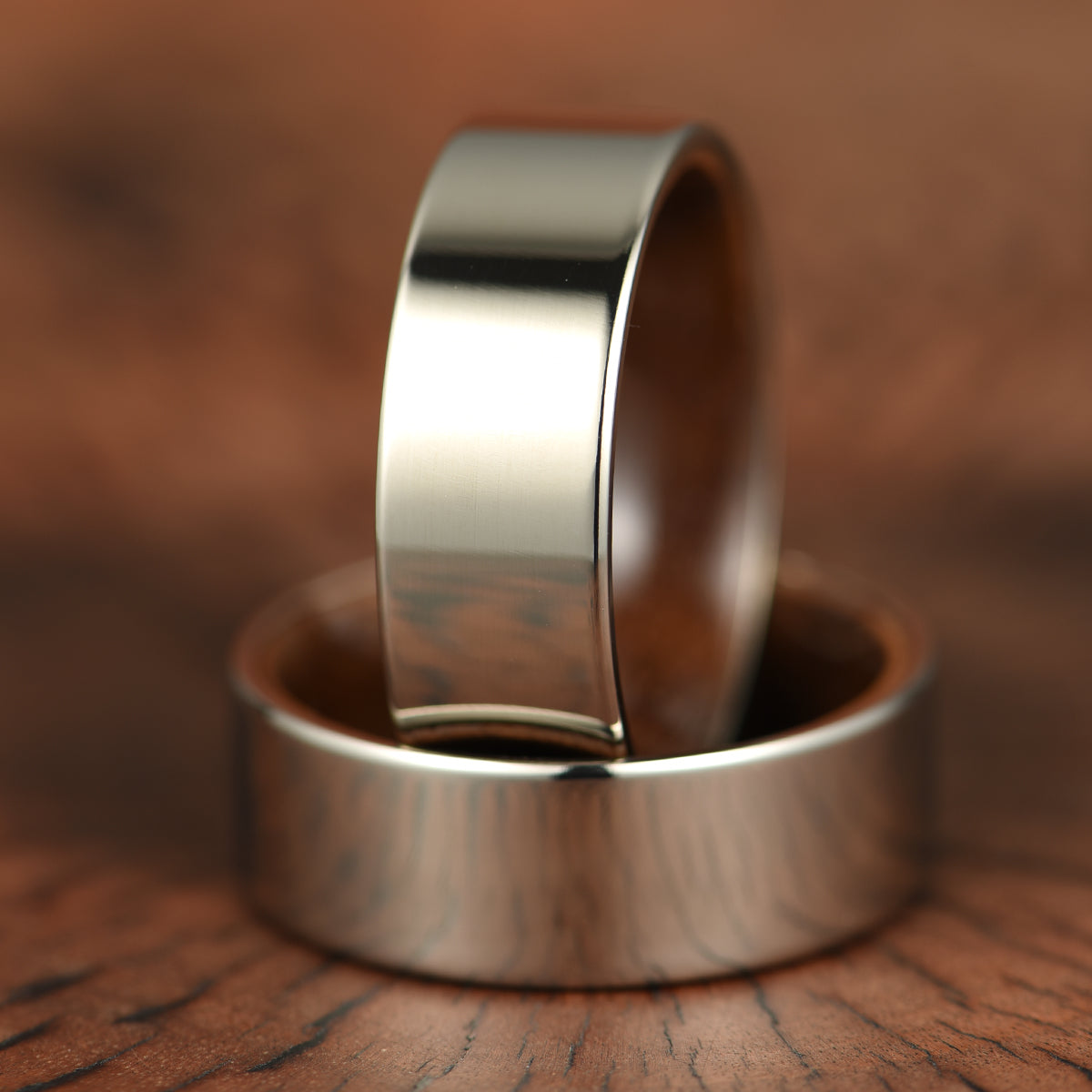 Flat Glossy Silver Tungsten Walnut Wood Men's Wedding Band 8MM - PRISTINE RINGS