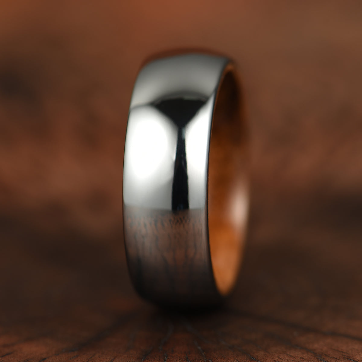 Rounded Comfort Fit Polished Silver Titanium Koa Wood Men's Wedding Band 8MM - PRISTINE RINGS
