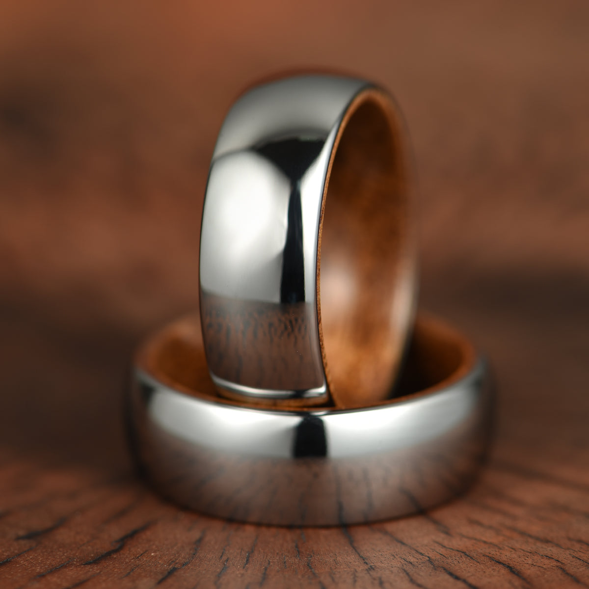 Rounded Comfort Fit Polished Silver Titanium Koa Wood Men's Wedding Band 8MM - PRISTINE RINGS