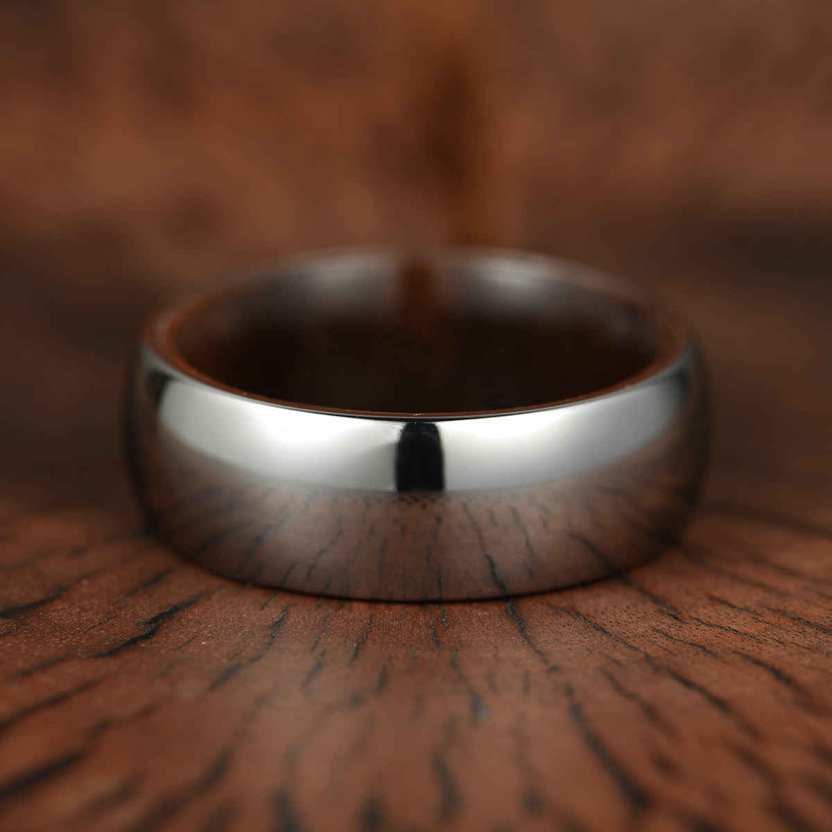 Rounded Glossy Silver Tungsten Walnut Wood Men's Wedding Band 8MM - PRISTINE RINGS