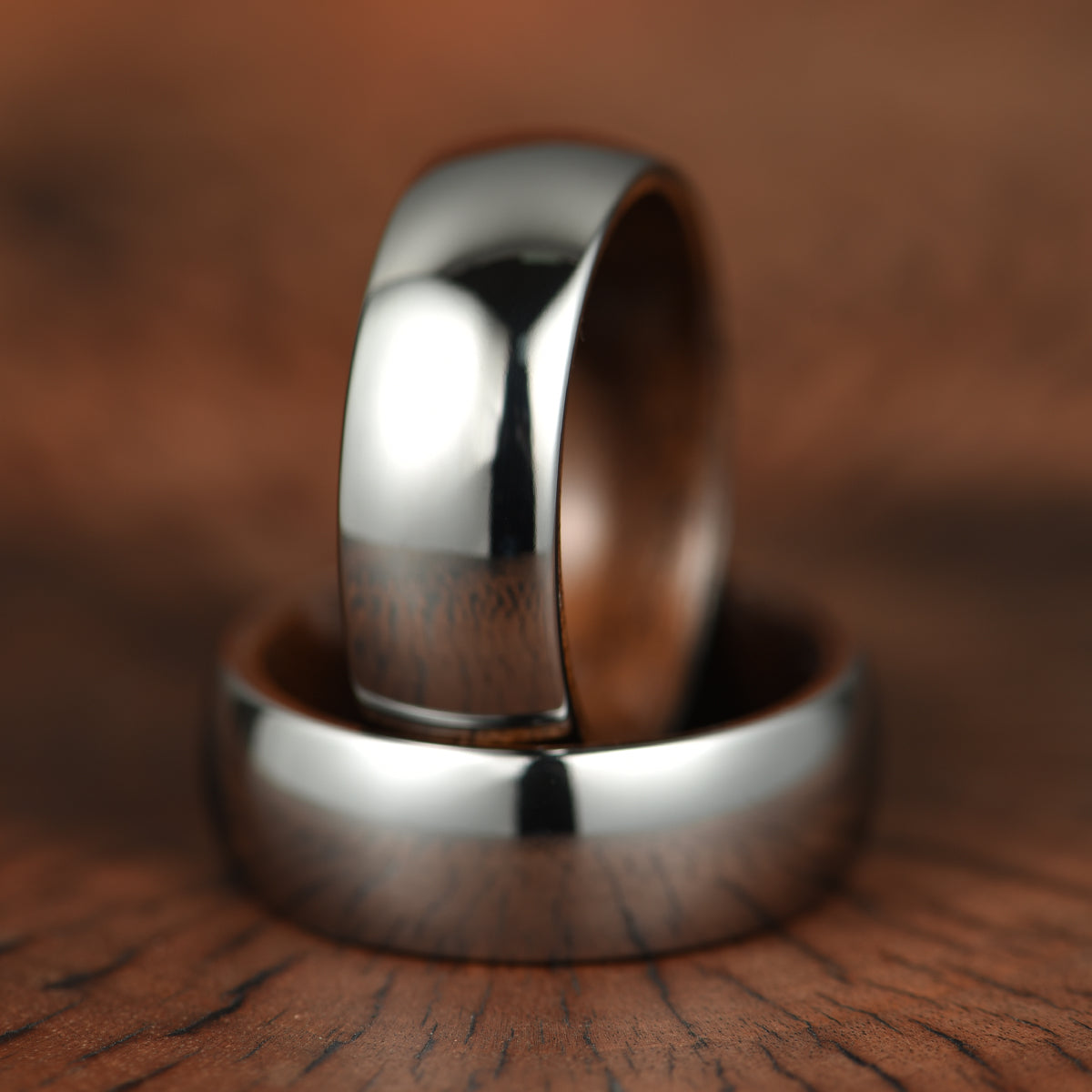 Rounded Glossy Silver Tungsten Walnut Wood Men's Wedding Band 8MM - PRISTINE RINGS
