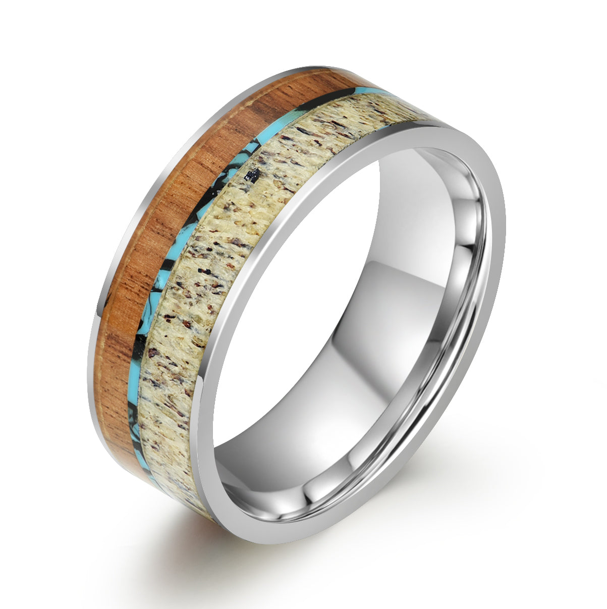 Tungsten Antler Koa Wood Turquoise Inlay Men's Wedding Band 8MM