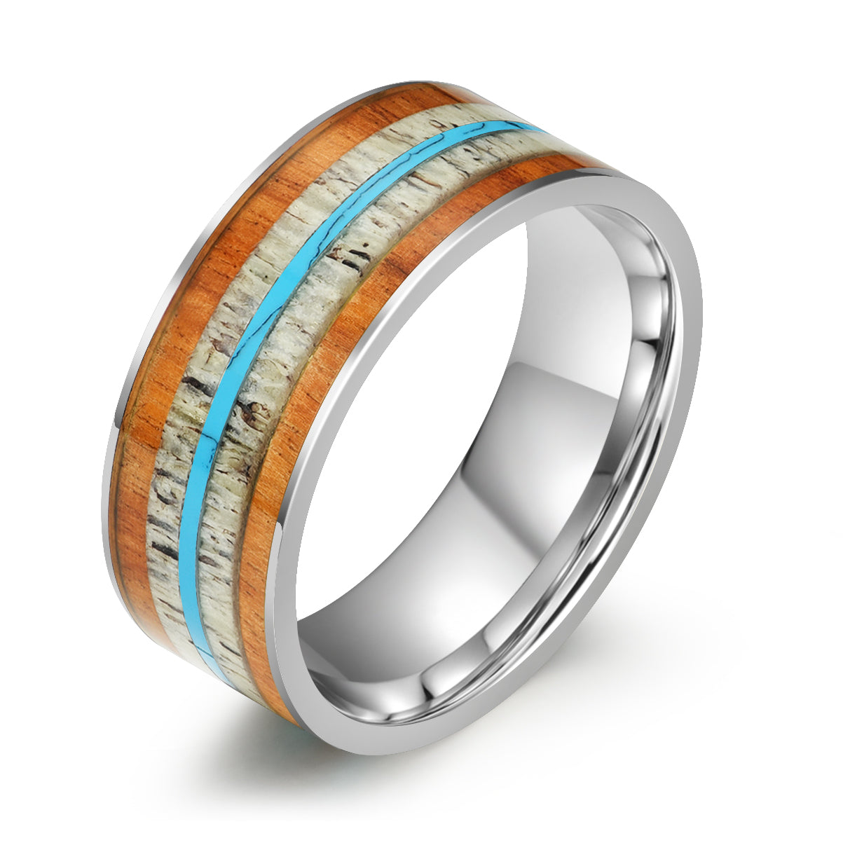 Tungsten Koa Wood Antler Turquoise Inlay Men's Wedding Band 8MM