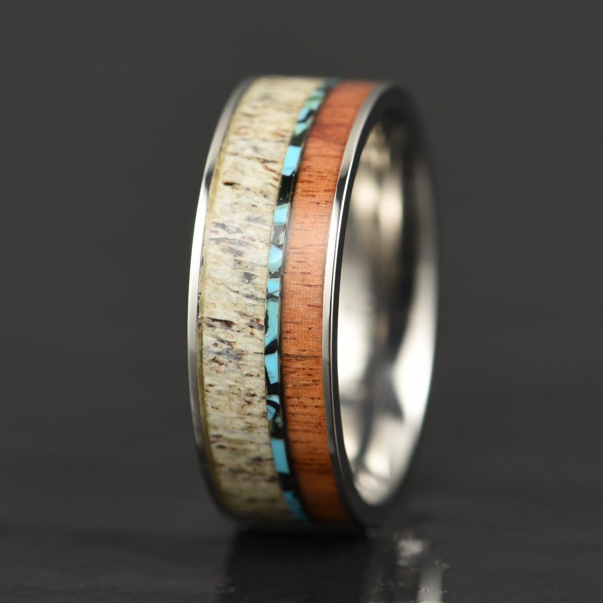 Tungsten Antler Koa Wood Turquoise Inlay Men's Wedding Band 8MM