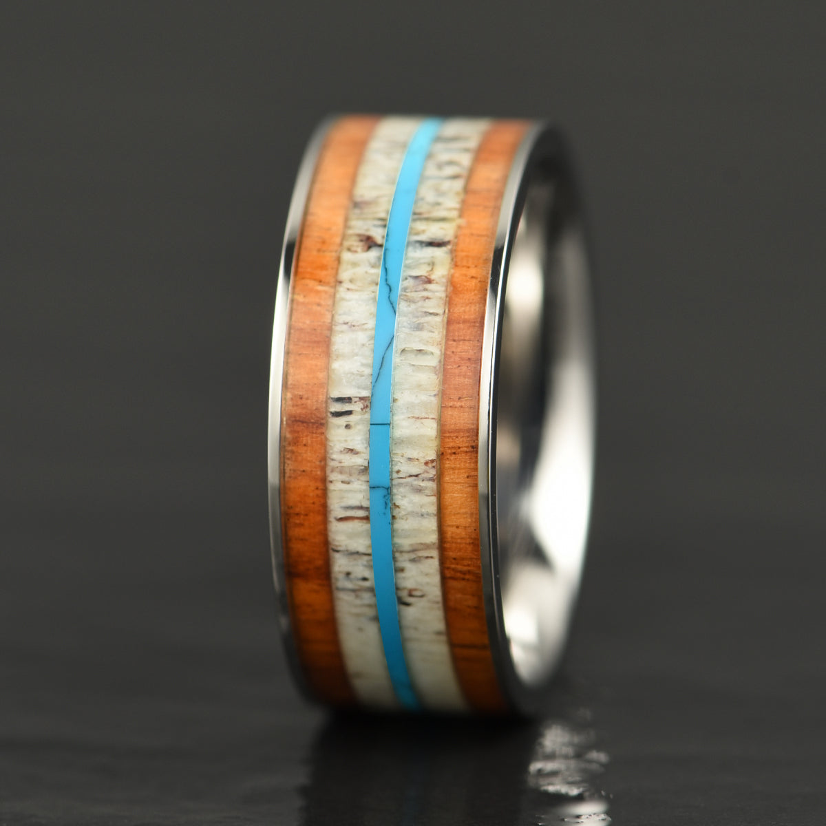Tungsten Koa Wood Antler Turquoise Inlay Men's Wedding Band 8MM