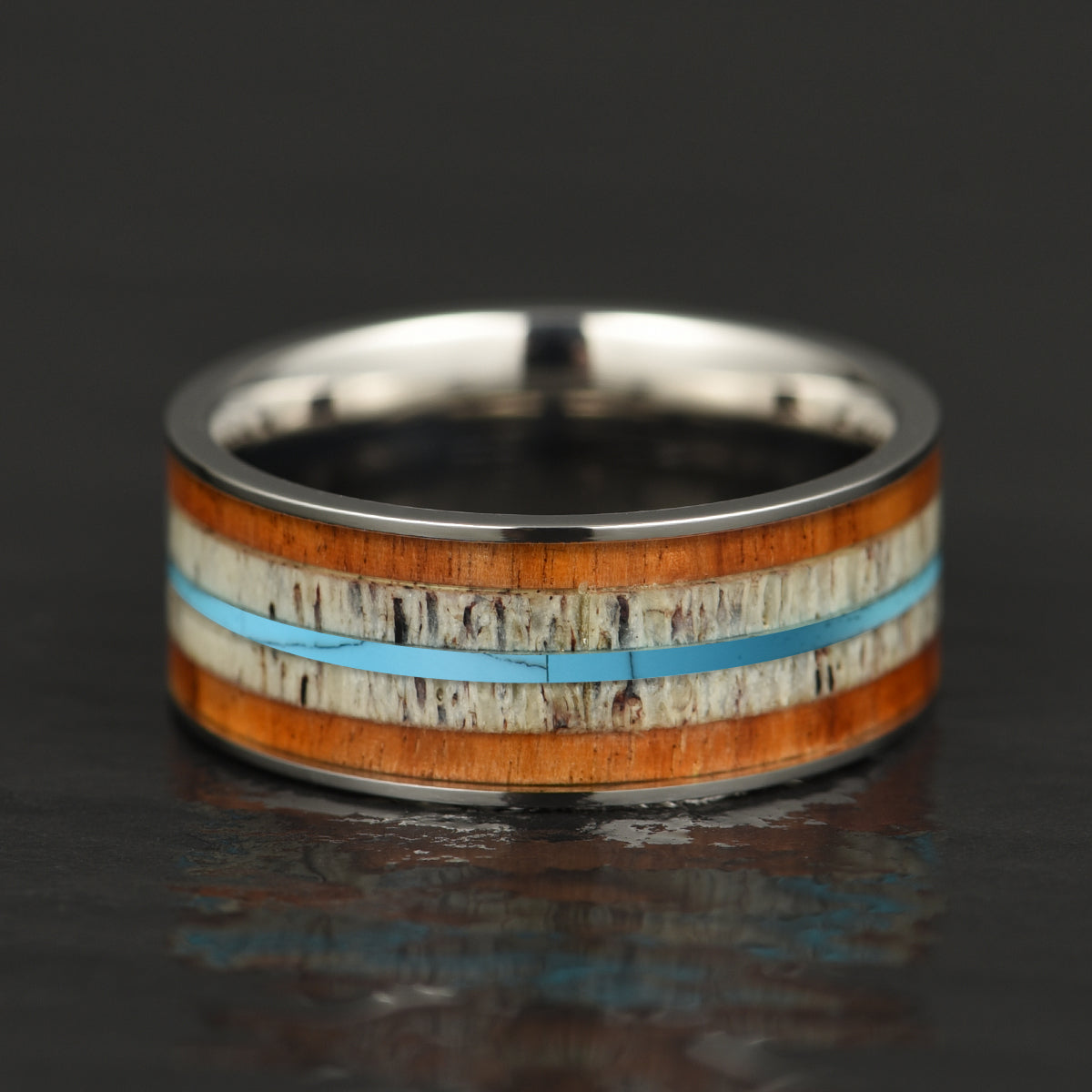 Tungsten Koa Wood Antler Turquoise Inlay Men's Wedding Band 8MM