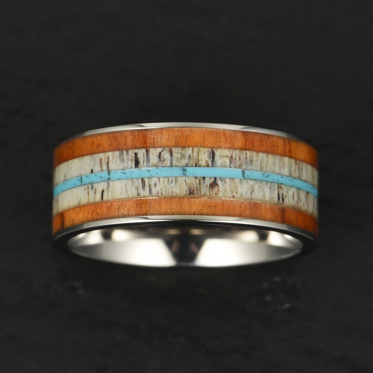 Tungsten Koa Wood Antler Turquoise Inlay Men's Wedding Band 8MM