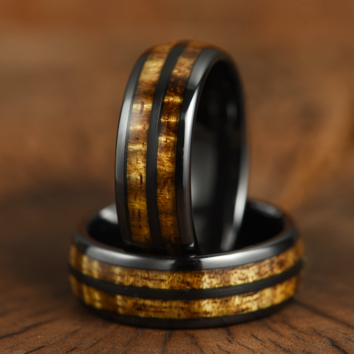 Tungsten Koa Wood Black Inlay Men's Wedding Band 8MM - PRISTINE RINGS