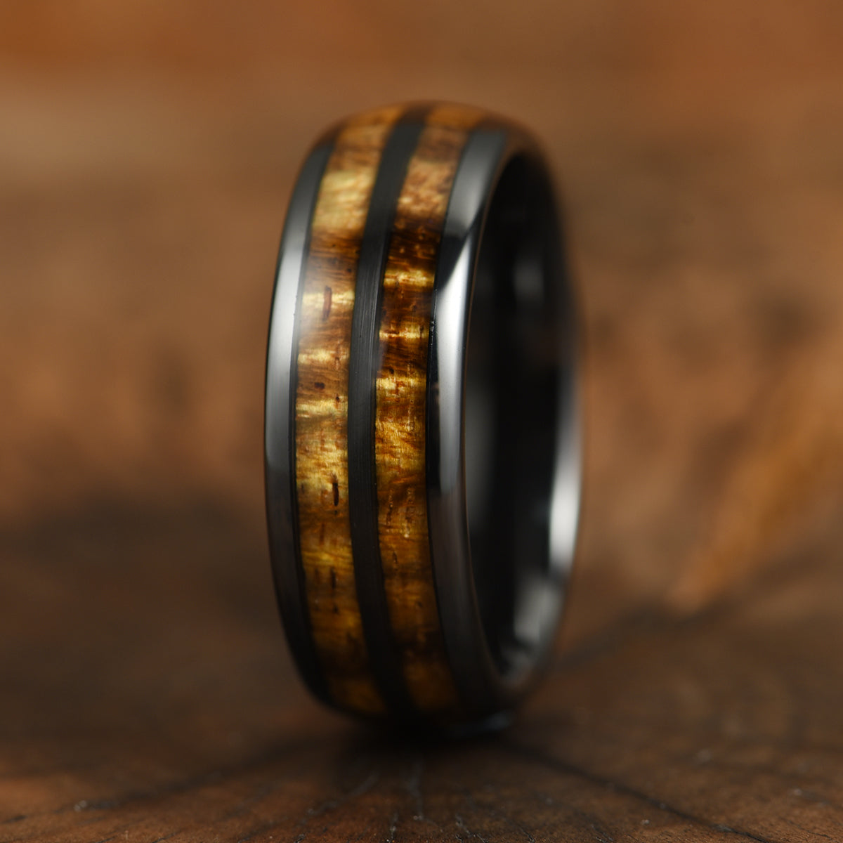 Tungsten Koa Wood Black Inlay Men's Wedding Band 8MM - PRISTINE RINGS
