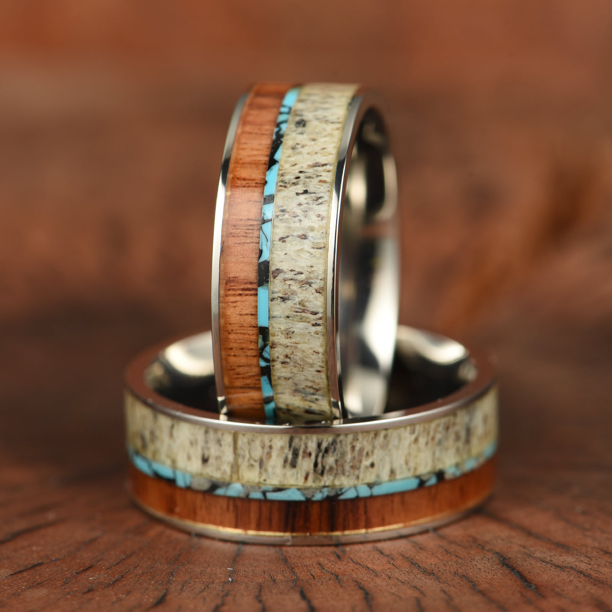 Tungsten Antler Koa Wood Turquoise Inlay Men's Wedding Band 8MM