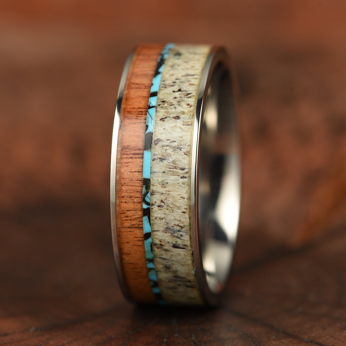Tungsten Antler Koa Wood Turquoise Inlay Men's Wedding Band 8MM