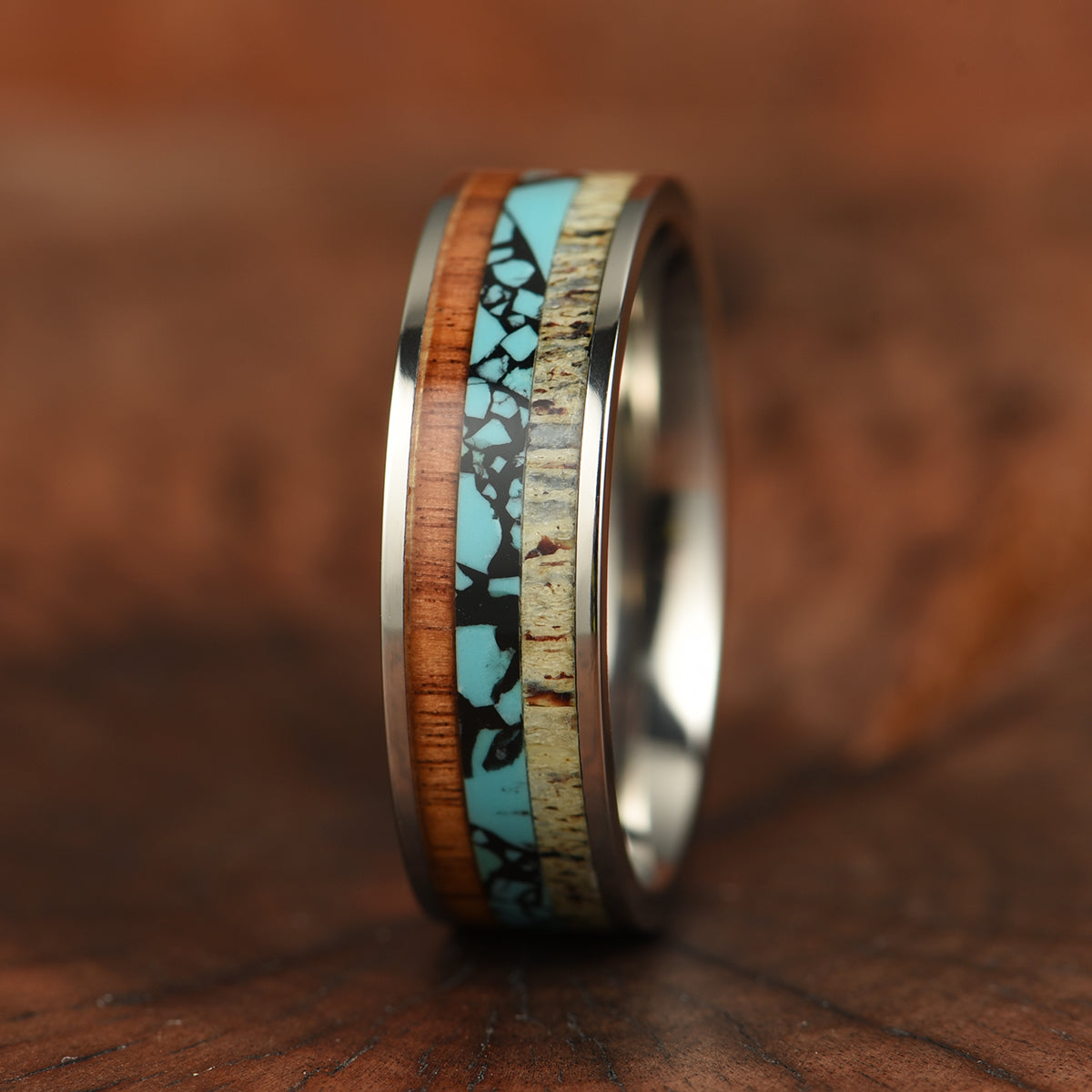 Tungsten Antler Koa Wood Turquoise Men's Wedding Band 8MM