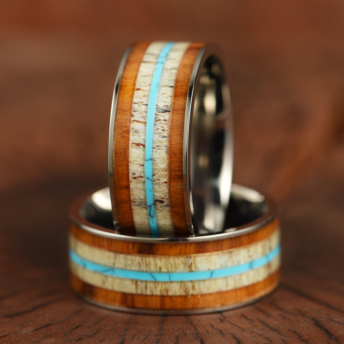 Tungsten Koa Wood Antler Turquoise Inlay Men's Wedding Band 8MM