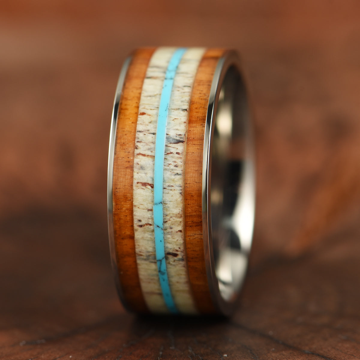 Tungsten Koa Wood Antler Turquoise Inlay Men's Wedding Band 8MM