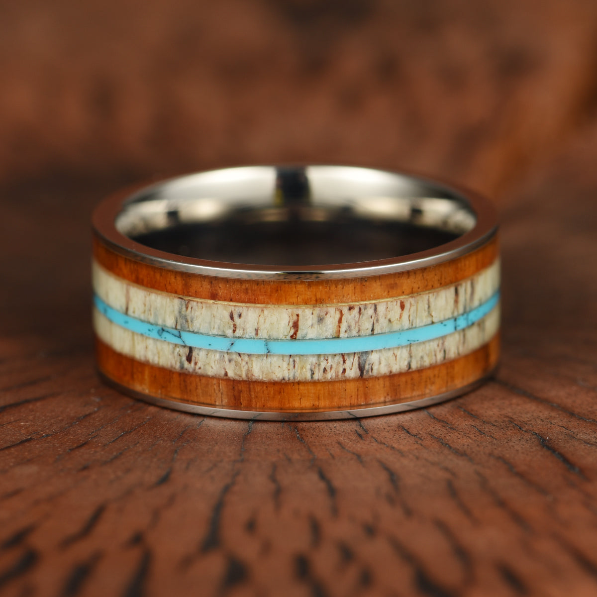 Tungsten Koa Wood Antler Turquoise Inlay Men's Wedding Band 8MM