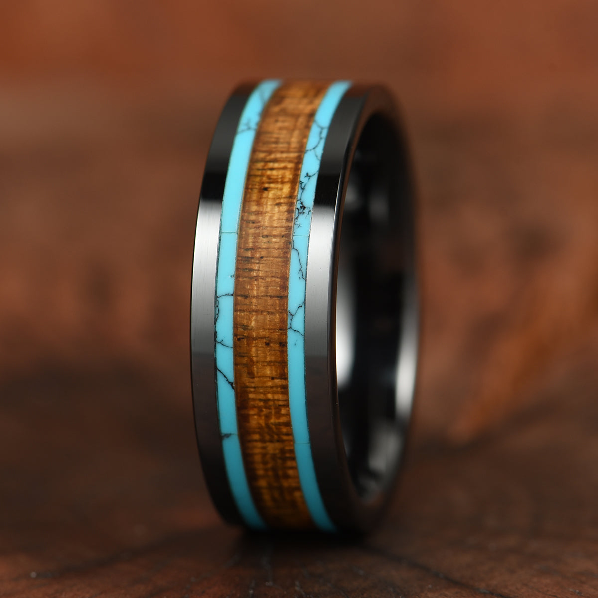 Ceramic Koa Wood Crushed Turquoise Men's Wedding Band 8MM