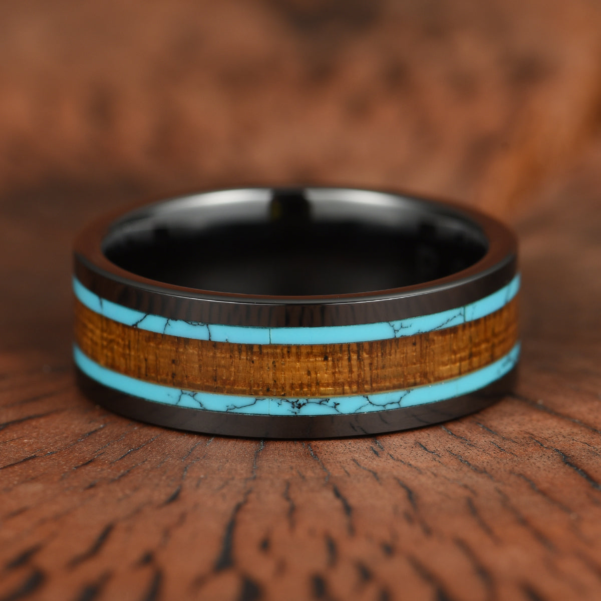 Ceramic Koa Wood Crushed Turquoise Men's Wedding Band 8MM