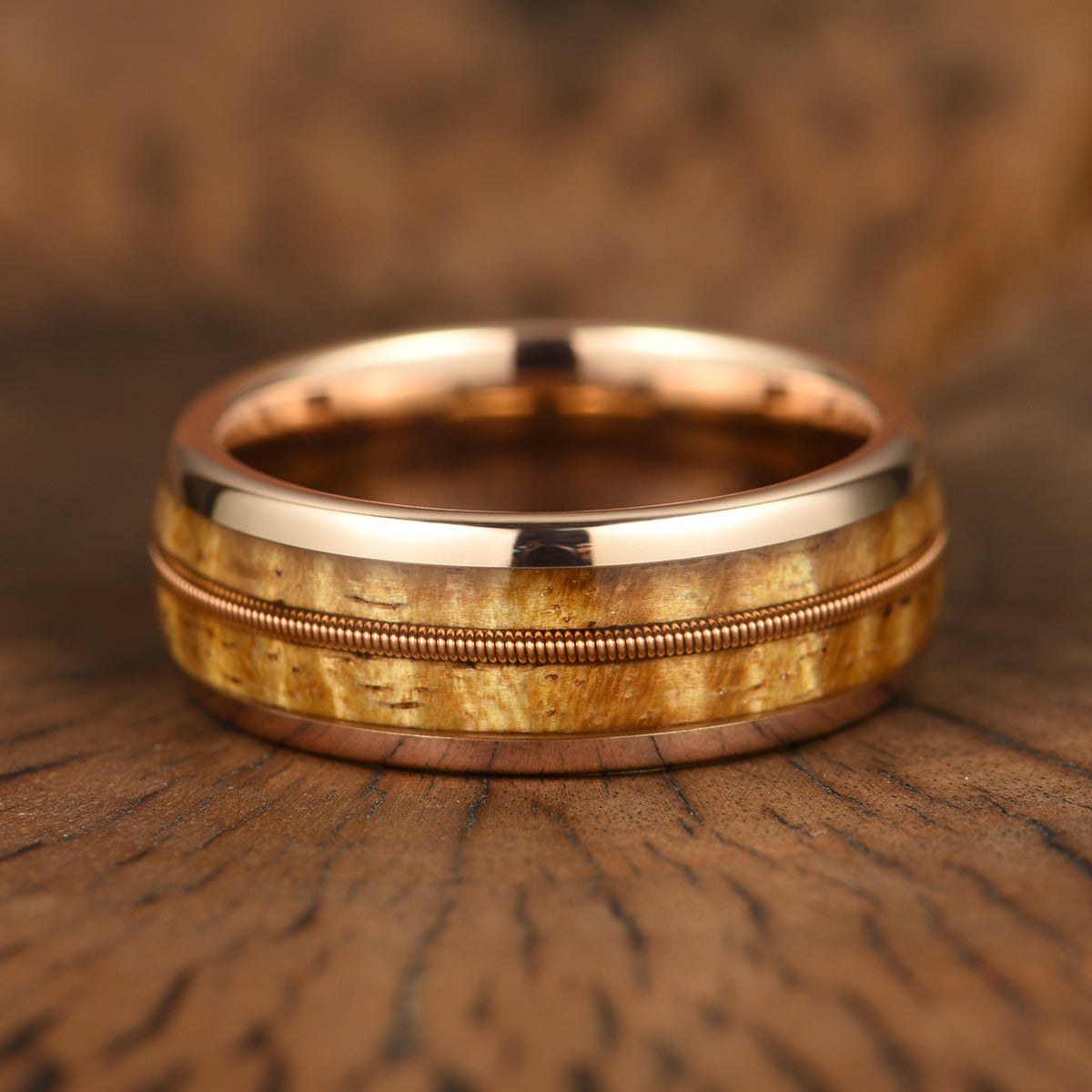 Rose Tungsten Koa Wood Guitar String Inlay Couples Wedding Band Set - PRISTINE RINGS