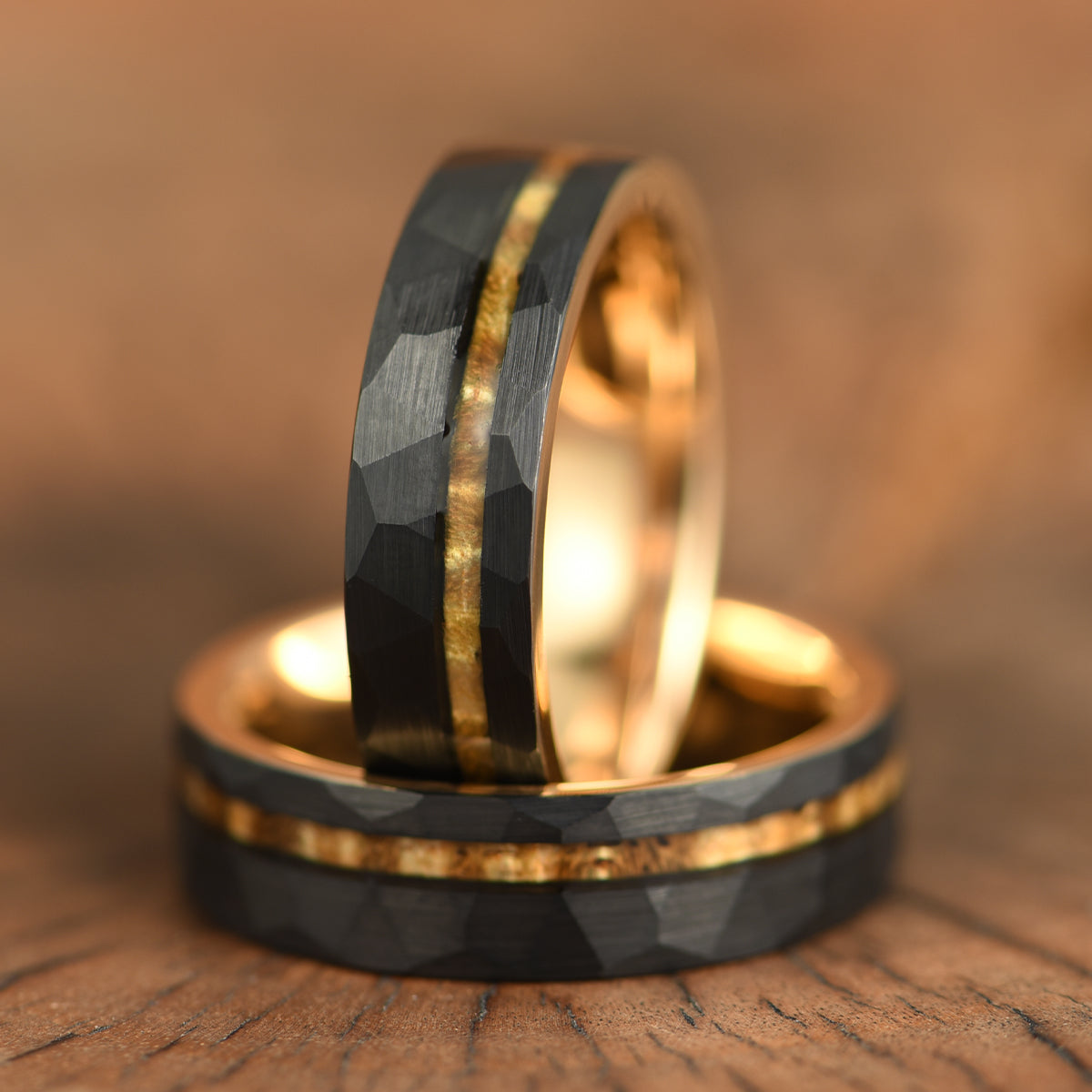 Hammered Tungsten Rose Tungsten Interior Koa Wood Inlay Men's Wedding Band 6MM