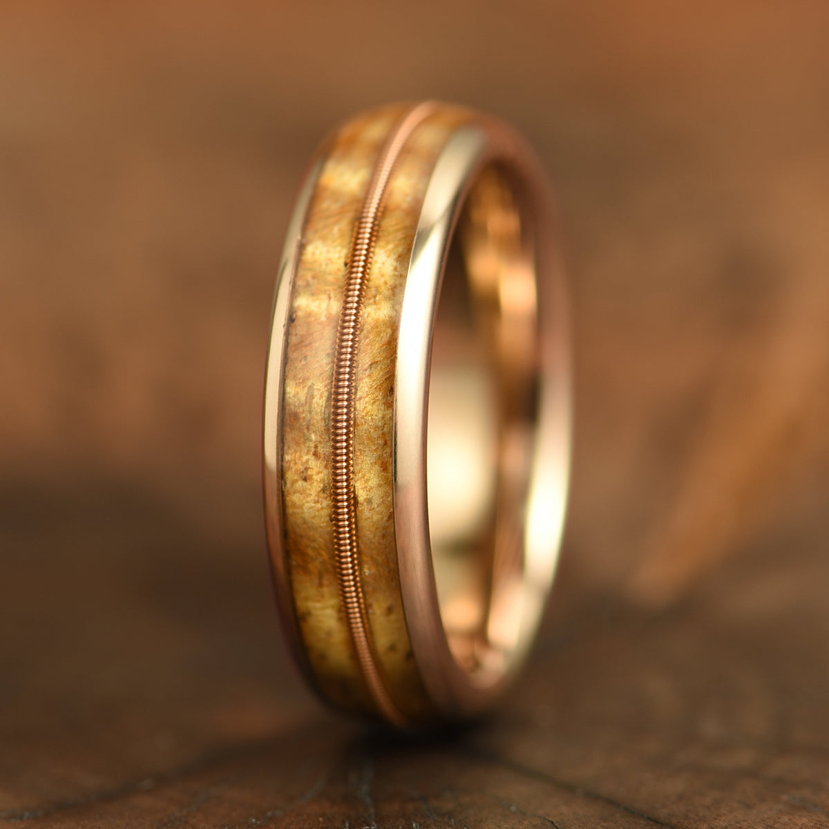 Rose Tungsten Koa Wood Guitar String Inlay Couples Wedding Band Set - PRISTINE RINGS