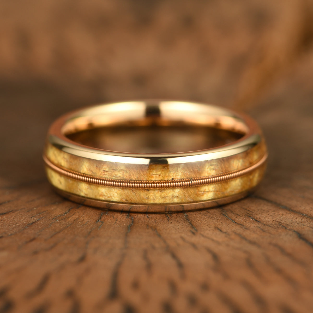 Rose Tungsten Koa Wood Guitar String Inlay Couples Wedding Band Set - PRISTINE RINGS