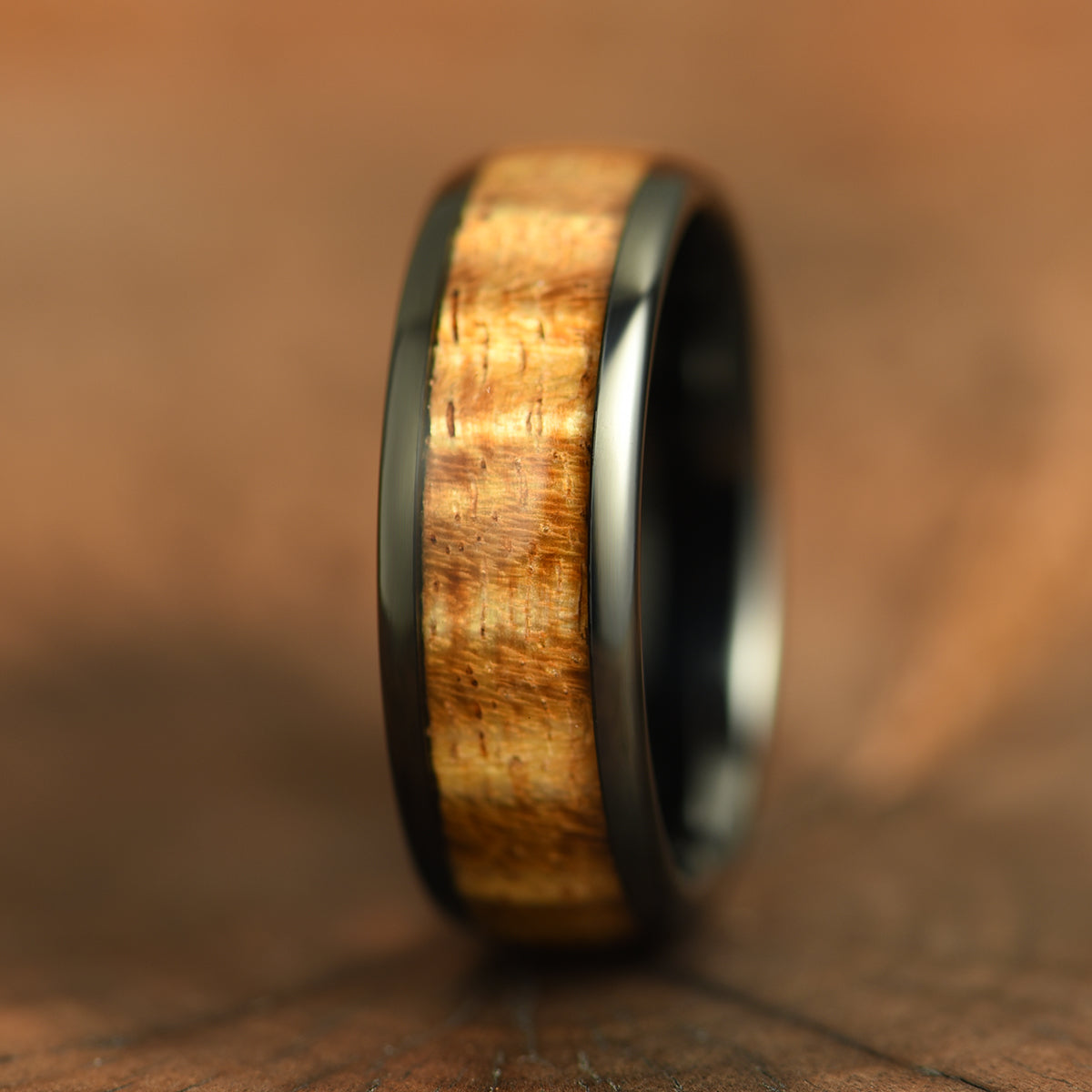 Hawaiian Koa Wood Black Tungsten Mens Wedding Band 8MM