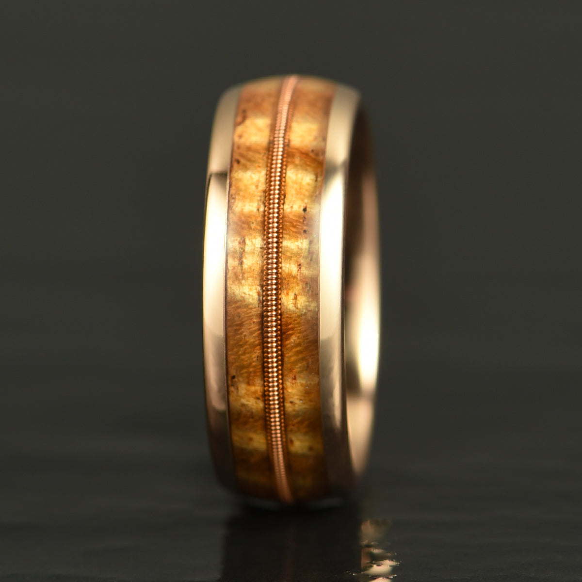 Rose Tungsten Koa Wood Guitar String Inlay Men's Wedding Band 8MM