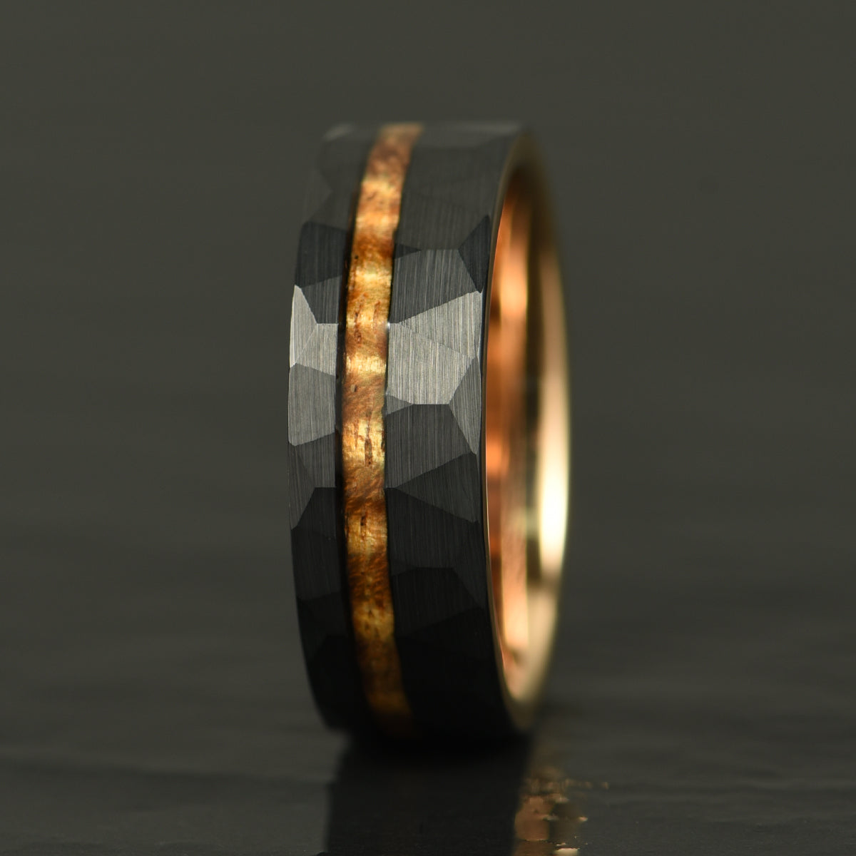 Hammered Tungsten Rose Tungsten Interior Koa Wood Inlay Men's Wedding Band 8MM